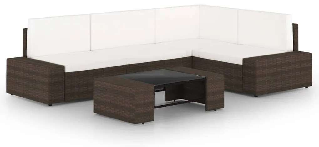 5 pcs conjunto lounge p/ jardim c/ almofadões vime PE castanho