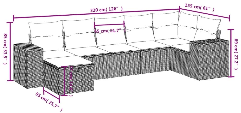 8 pcs conjunto de sofás p/ jardim com almofadões vime PE bege