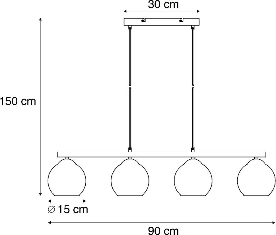 Candeeiro suspenso inteligente preto com madeira e vidro fumado 4 luzes incluindo WiFi A60 - Aleks