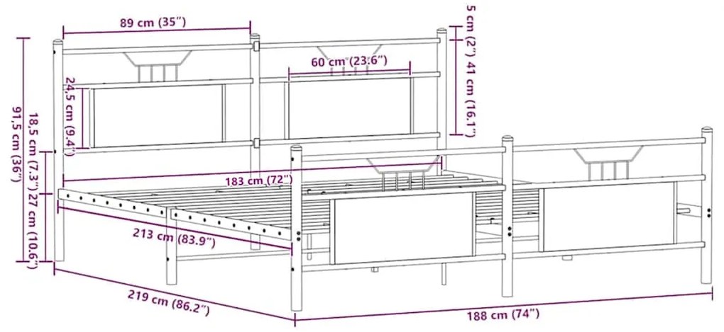 Estrutura de cama sem colchão 183x213cm metal carvalho sonoma