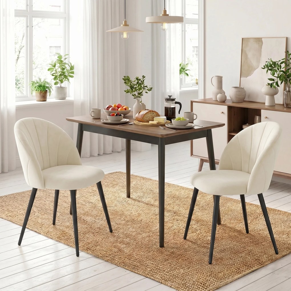 Conjunto de 2 Cadeiras de Jantar em Concha (MESA NÃO INCLUIDA), 52 x 55 x 79 cm, Estofadas em Veludo, Creme