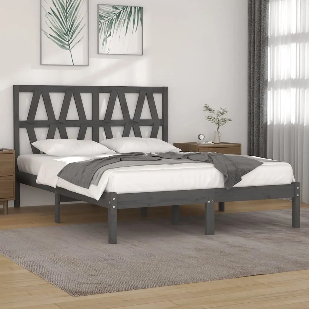 3103975 vidaXL Estrutura de cama casal 135x190 cm pinho maciço cinza