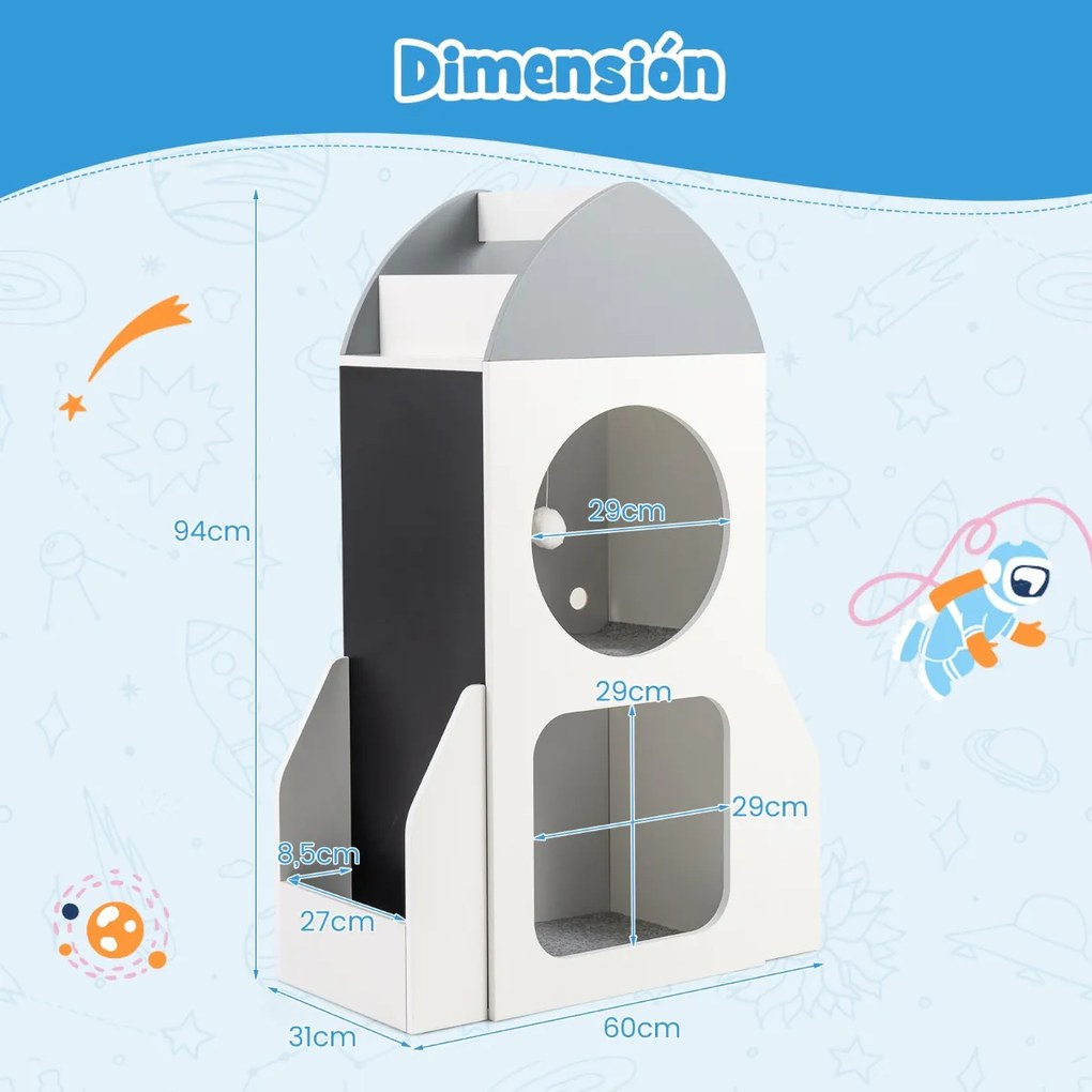 Estante infantil de 3 níveis com tema espacial 60 x 31 x 94 cm, quadro negro e 2 compartimentos para sala de aula, brinquedos e creche – Branco + Cinz