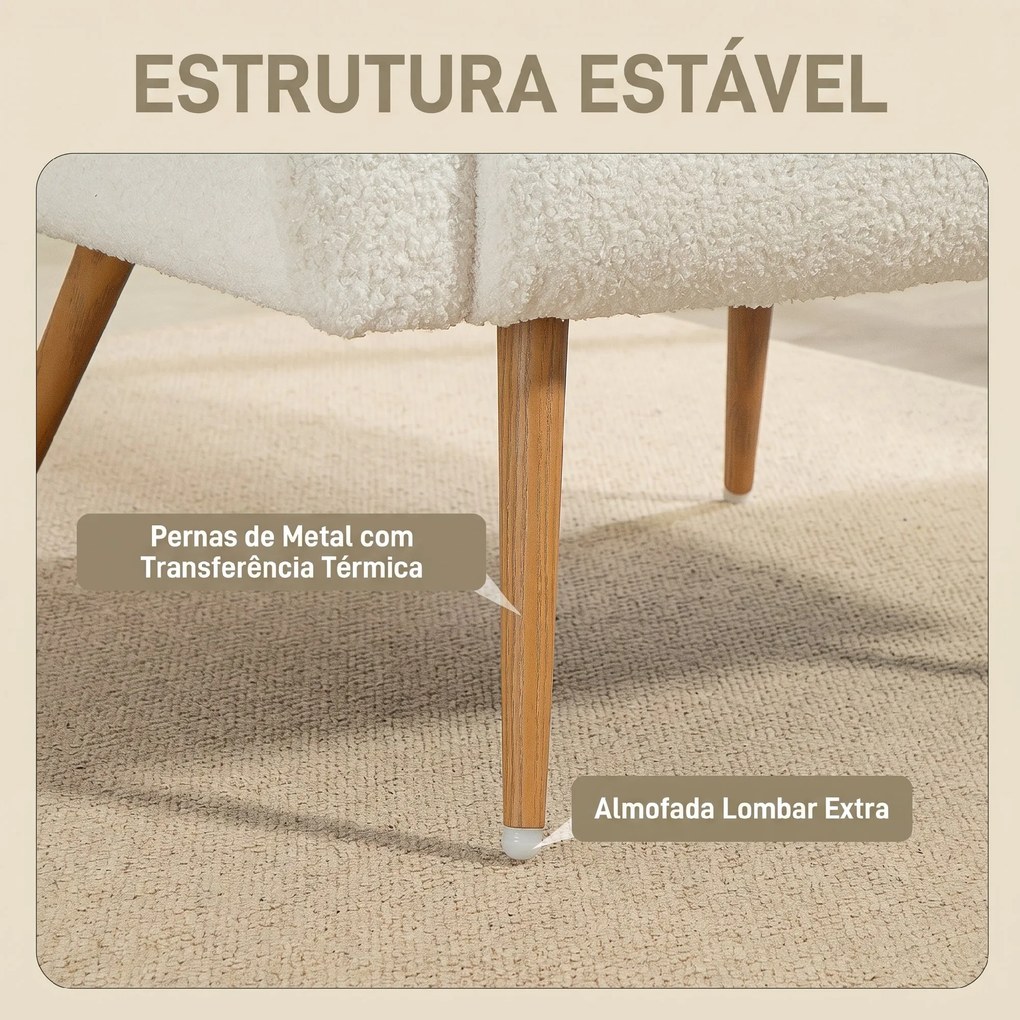 Poltrona em Tecido Teddy com Almofada Lombar Amovível e Pés Metálicos Efeito Madeira para Quarto, Creme