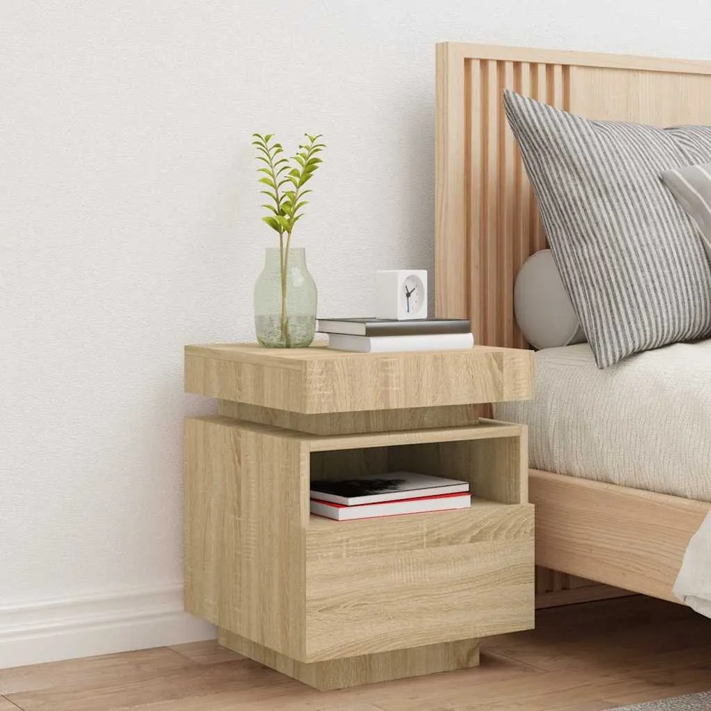 Mesa de cabeceira com luzes LED 40x39x48,5 cm carvalho sonoma