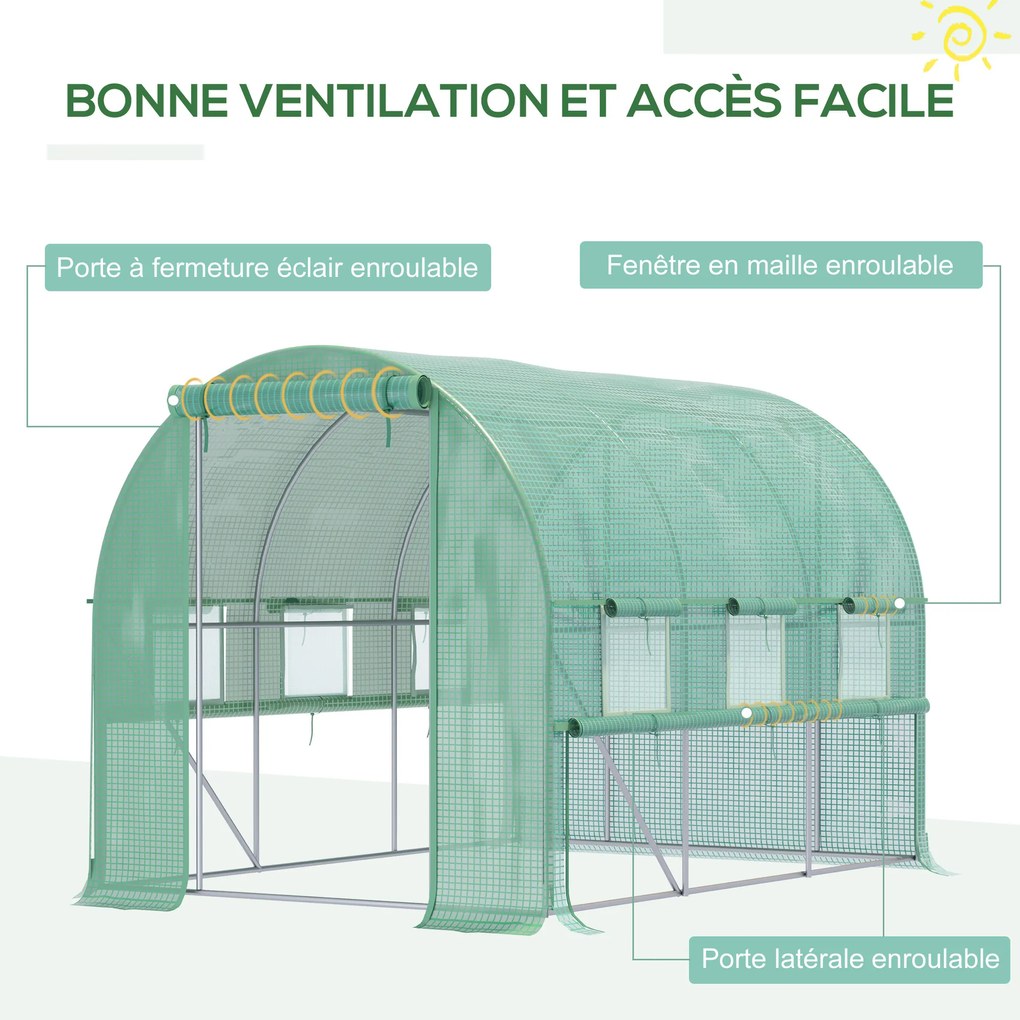 Estufa de jardim tipo túnel, com 6 m², 6 janelas, porta enrolável, lona de PE e estrutura em aço galvanizado verde