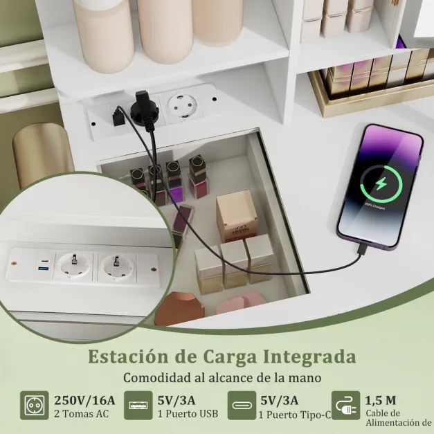 Conjunto de toucador com banco, espelho iluminado LED de 3 cores, mesa de maquilhagem e estação de carregamento integrada para quarto branco