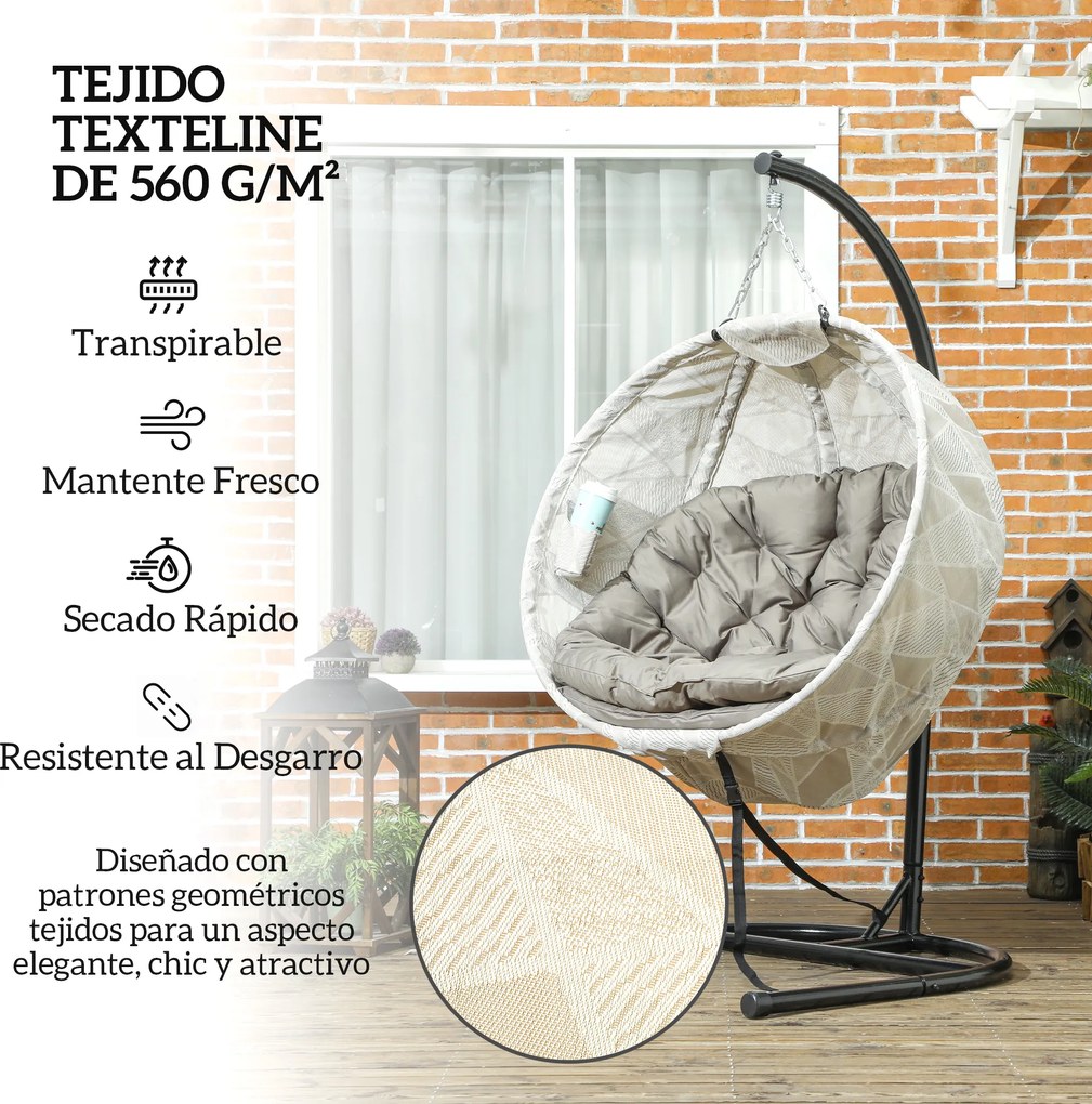 Cadeira Suspensa com Suporte Cesto Dobrável de Malha Dupla com Almofada e Apoio para Copos 106x114x178 cm Areia e Preto