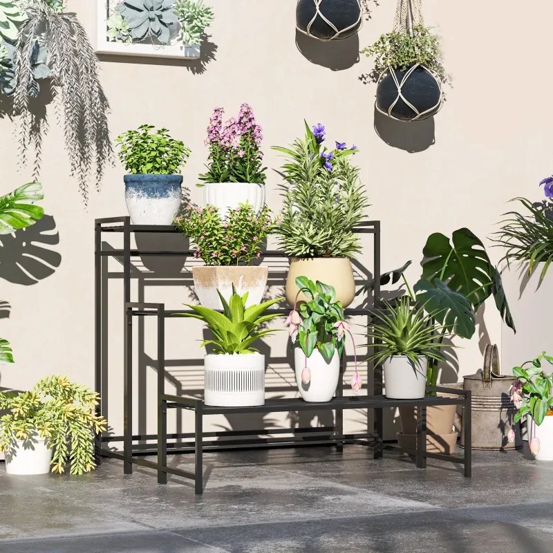 Suporte para Plantas de Três Níveis com Design em Escada e Estrutura Metálica Resistente para Interior e Exterior Preto
