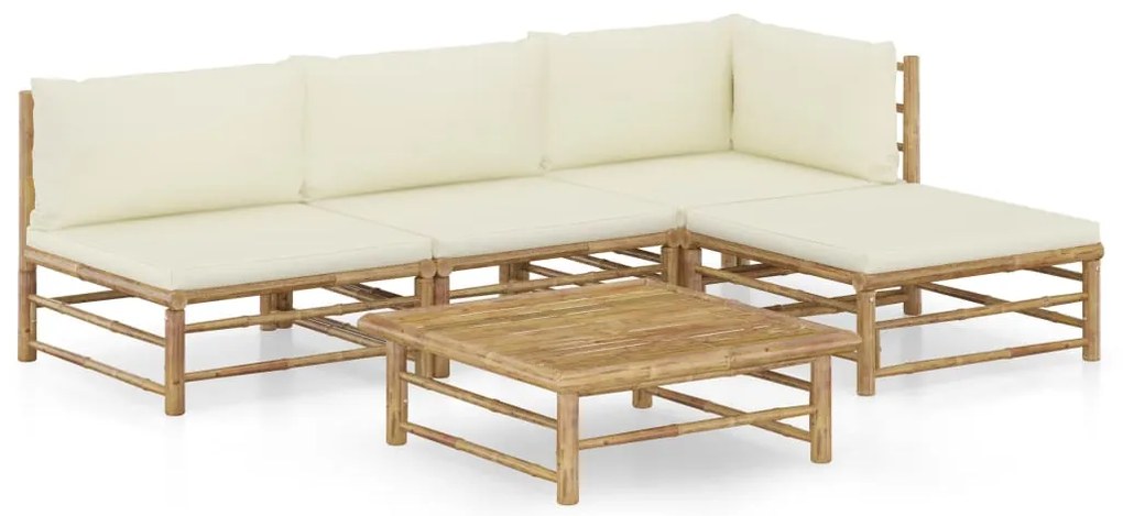 5 pcs conj. lounge p/ jardim em bambu c/ almofadões branco nata