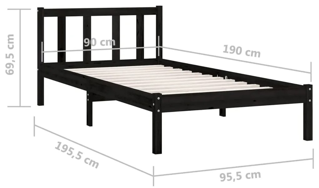 Estrutura de cama solteiro 90x190 cm pinho maciço preto