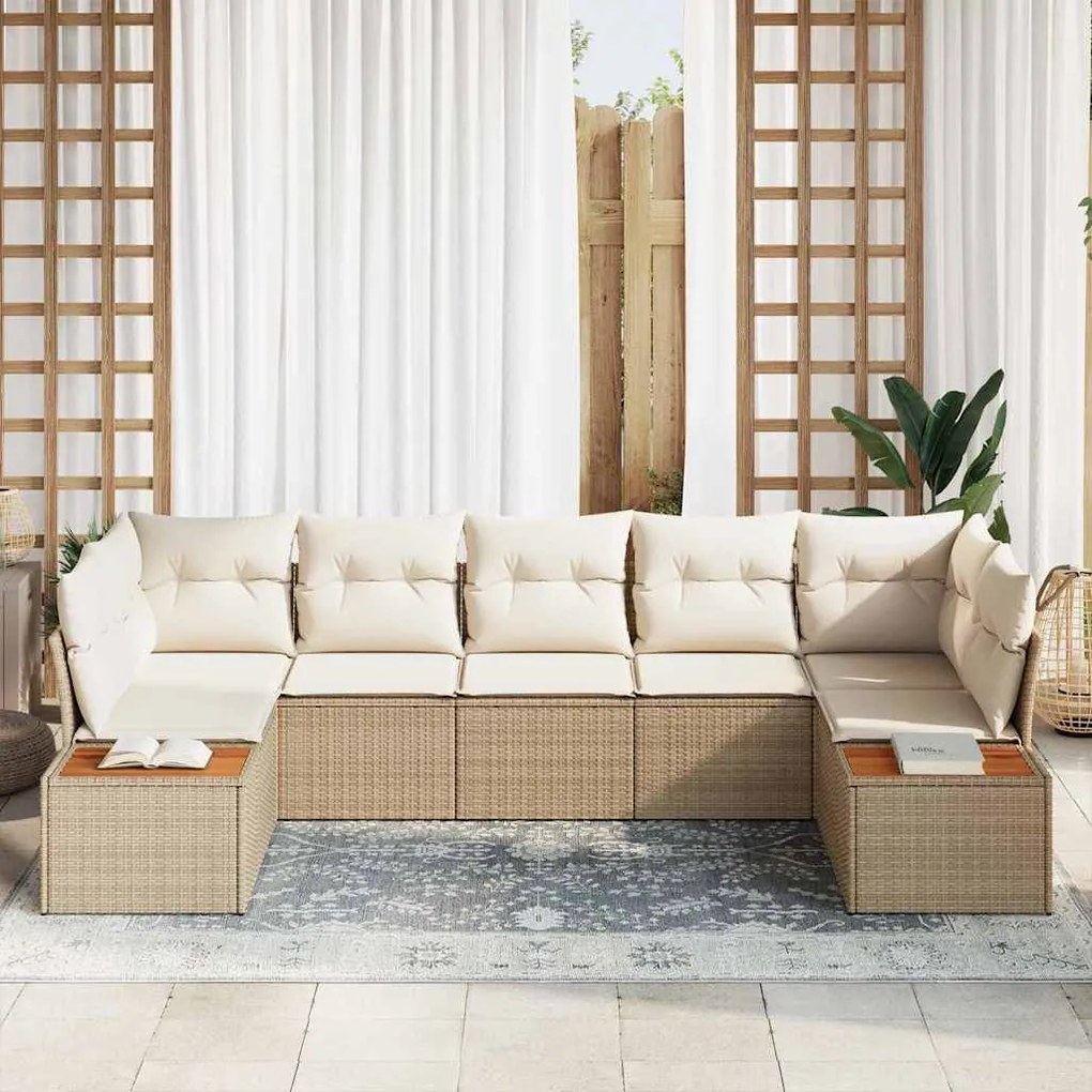 Conjunto de sofá de jardim com 7 peças, almofadas bege em rattan sinté