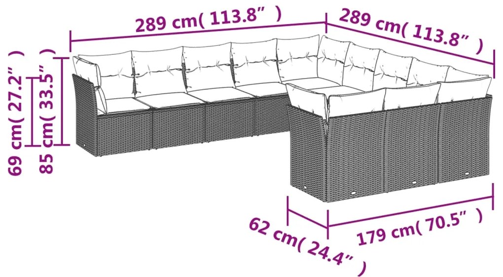 11 pcs conjunto sofás de jardim c/ almofadões vime PE preto