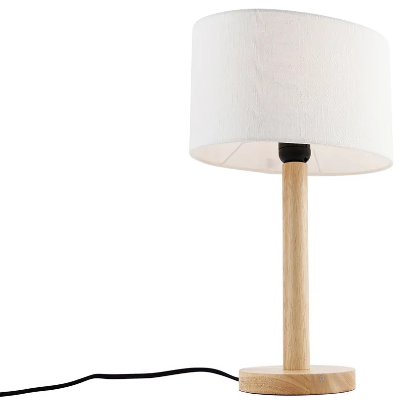 Candeeiro de mesa madeira com abajur oval de linho branco 25cm - Mels