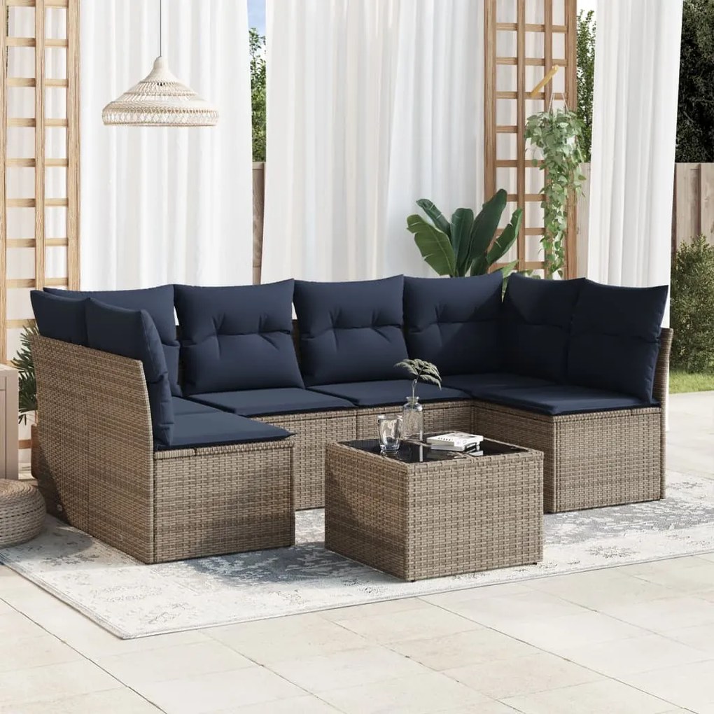 vidaXL 7 pcs conjunto sofás p/ jardim c/ almofadões vime PE cinzento