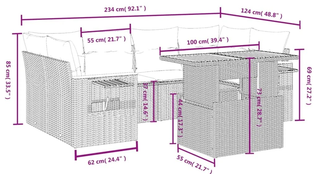 7 pcs conjunto de sofás p/ jardim c/ almofadões vime PE preto