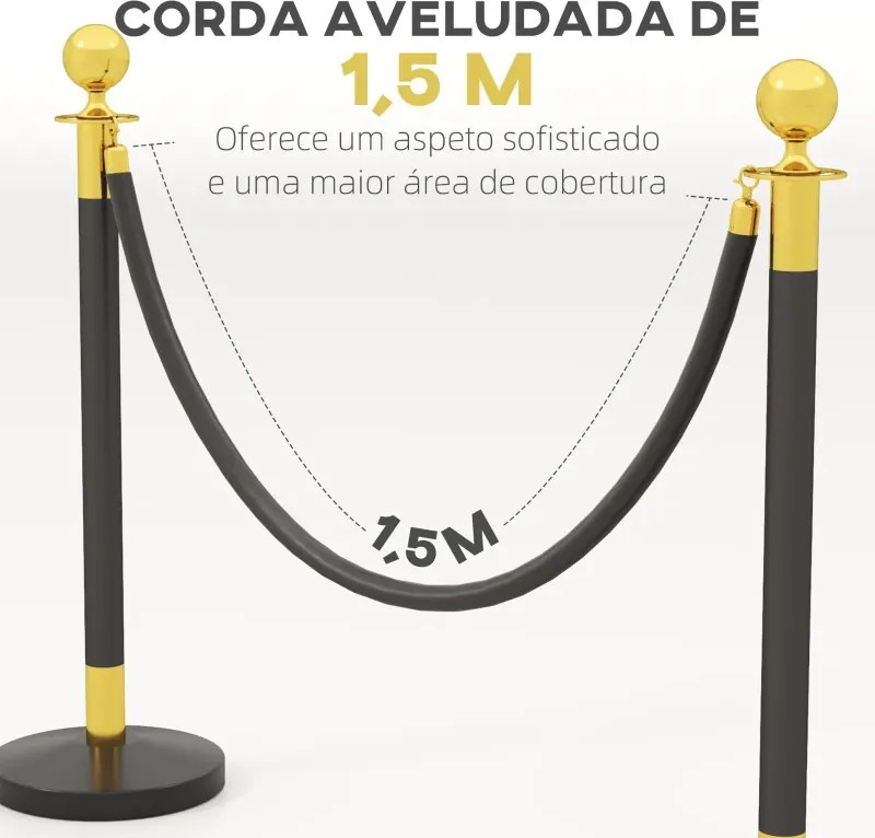 Postes Separadores em Aço Inoxidável 2 Unidades 96 cm de Altura Base Recarregável com Água 2 Cordas de Veludo Preto de 1,5 m para Teatro Festa Casamen