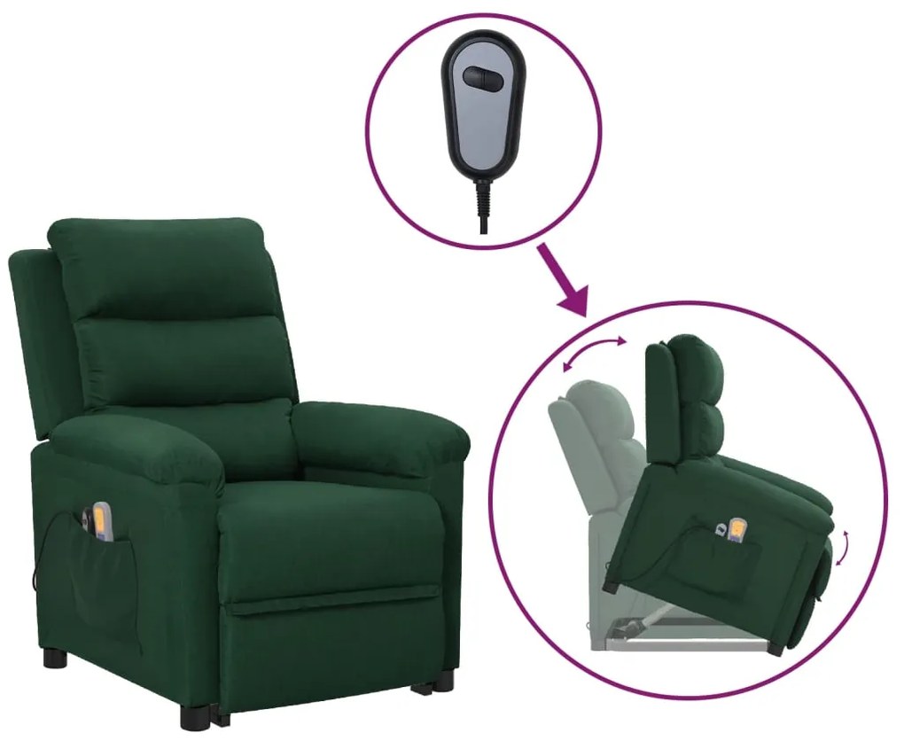 vidaXL Poltrona elevatória de massagens tecido verde-escuro