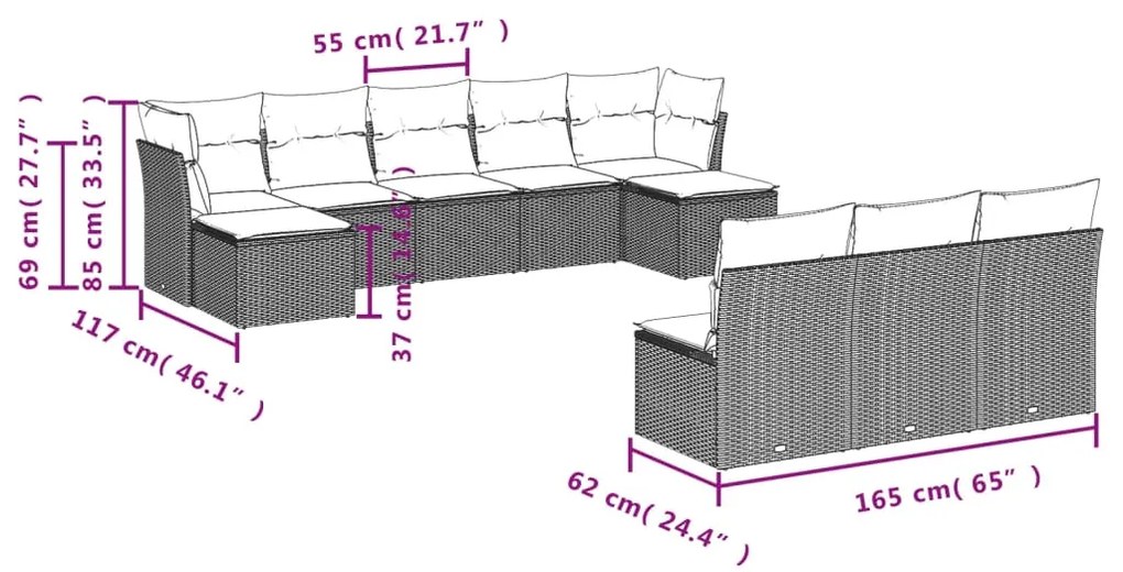 10 pcs conjunto sofás de jardim c/ almofadões vime PE preto