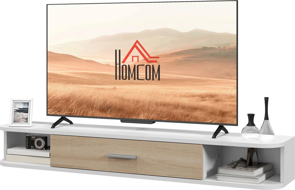 Móvel de TV de parede 120 L x 26 P x 16 A cm, para ecrãs até 50 polegadas, com compartimentos abertos e armário com porta rebatível, branco