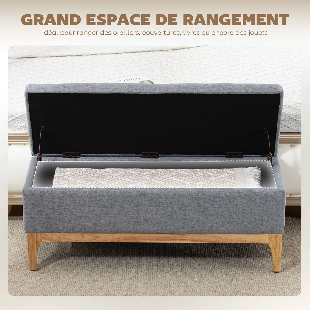 Banco com arrumação, baú com tampa removível em estilo escandinavo, em tecido de linho, 110 x 39 x 45 cm, cinzento