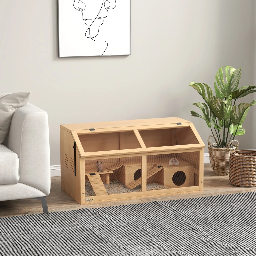 Gaiola de madeira para hamster, habitáculo espaçoso para roedores, ventilação, tampa que se abre e acessórios, 85 x 45 x 44 cm, madeira natural