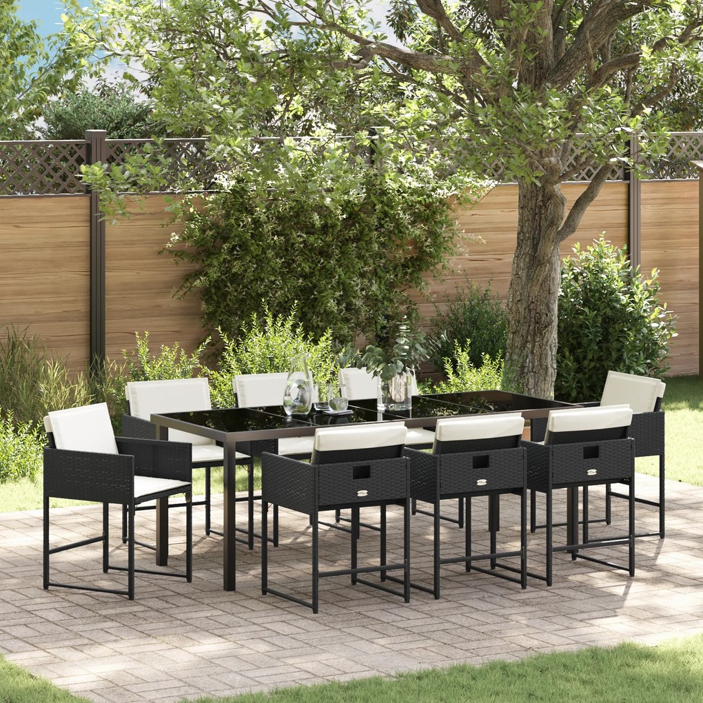 vidaXL Conjunto de Jantar de Jardim de 9 Peças com Almofadas - Rattan Poliéster Preto