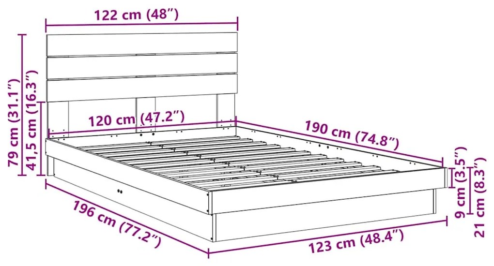 Estrutura cama cabeceira sem colchão 120x190 cm maciça carvalho