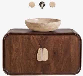 Conjunto De Móvel De Casa De Banho Suspenso 95x45 Cm Em Madeira De Manga E Pedra Natural Kivalina Travertino - Madeira De Mangueira Escura - Sklum