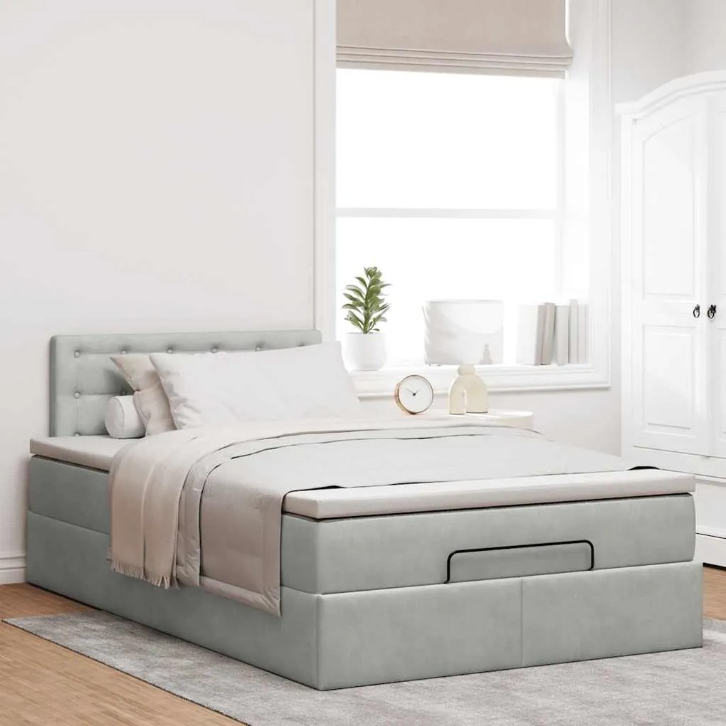 Cama otomana com colchão &amp; LEDs 120x190cm veludo cinza-claro