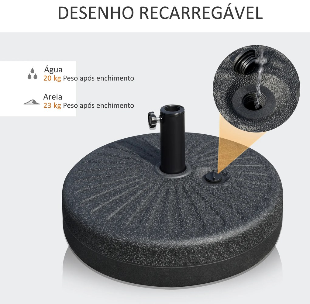 Outsunny Base de Chapéu de Sol de Jardim Recarregável de Água 22kg Suporte de Chapéu de Sol Redondo para Mastros de 38mm/48mm Portátil para Terraço Pátio Ø51x28cm Preto