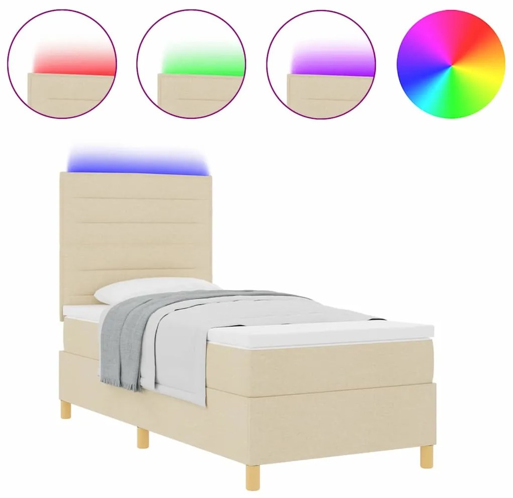 Cama Box Spring com Colchão &amp; LED Creme 100x200 cm Tecido