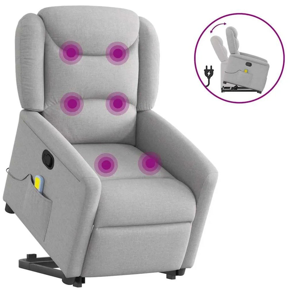 vidaXL Poltrona elevatória de massagens tecido cinzento-nublado