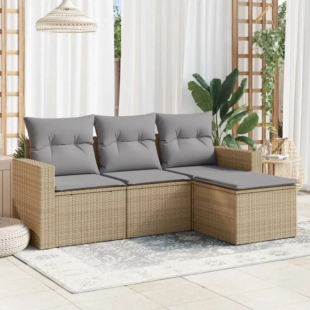 4 pcs conjunto de sofás para jardim c/ almofadões vime PE bege