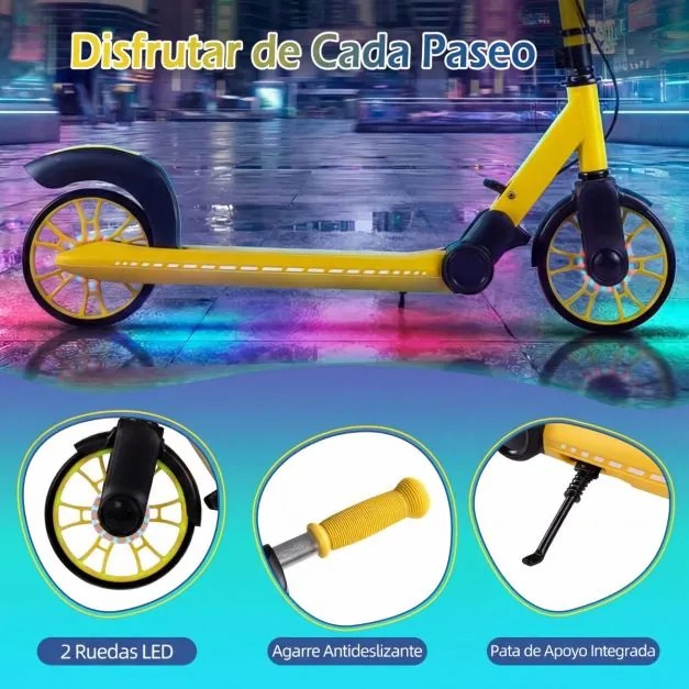 Trotinete dobrável para crianças +6 anos 2 rodas iluminadas com Guiador ajustável em 3 alturas Plataforma antiderrapante Amarela