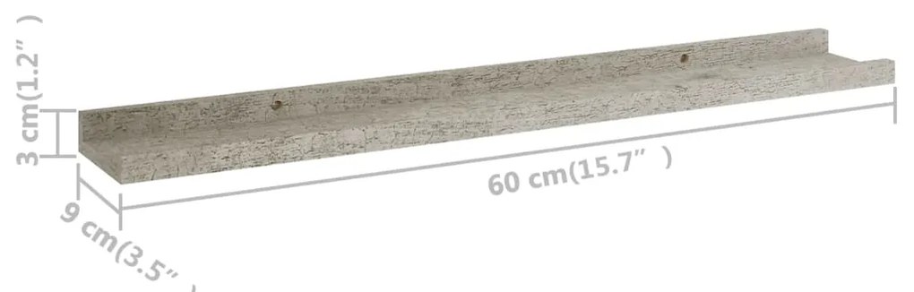 Prateleiras de parede 2 pcs 60x9x3 cm cinzento cimento