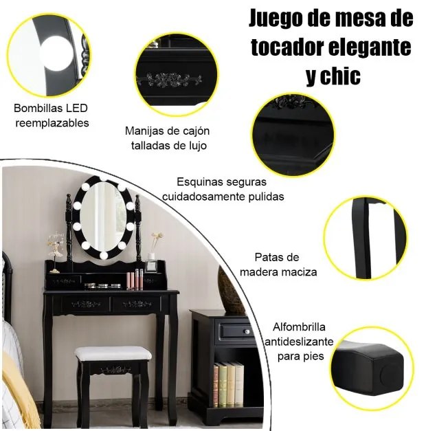 Conjunto Toucador e Banco Acolchoado Mesa de Maquilhagem com Espelho Oval Iluminado 10 Luzes Led e Interruptor Táctil Preto