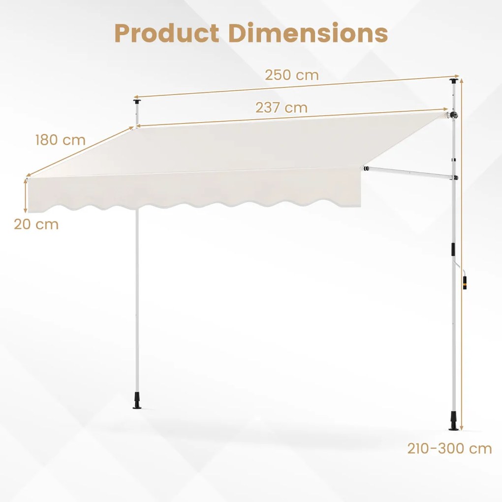 Toldo retrátil manual 2,5 m x 180 cm Sombra exterior ajustável sem perfuração com manivela para pátio, varanda, jardim Branco