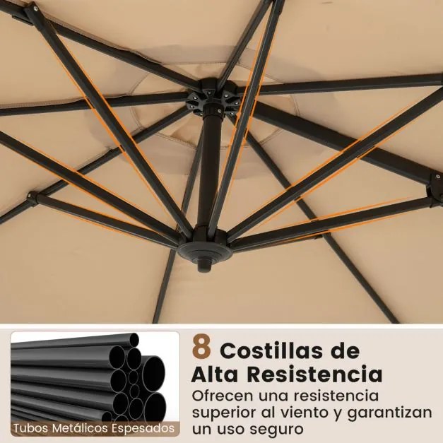 Guarda-sol redondo jardim 294 x 247 cm Guarda-sol suspenso com rotação de 360° Base cruzada 5 inclinações ajustáveis Bege