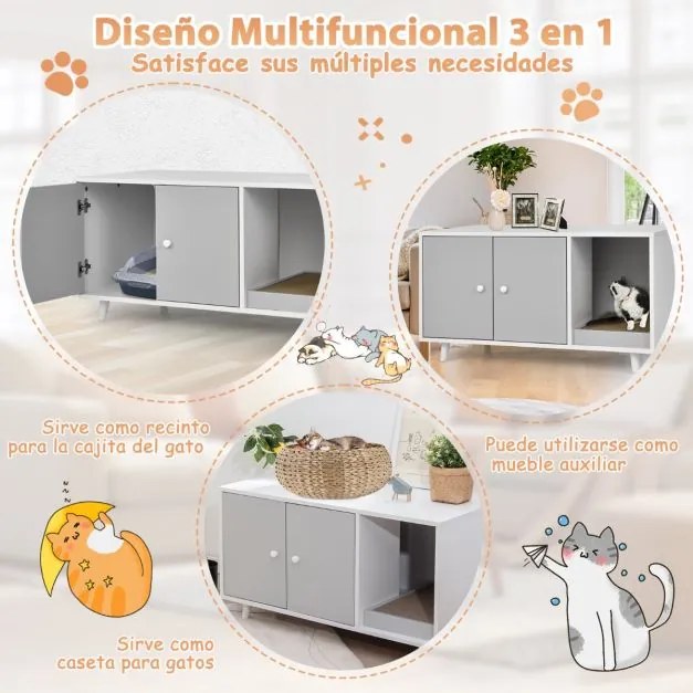 Caixa de areia escondida para gatos Porta dupla decorativa 90 x 50 x 50 cm Branco e cinzento