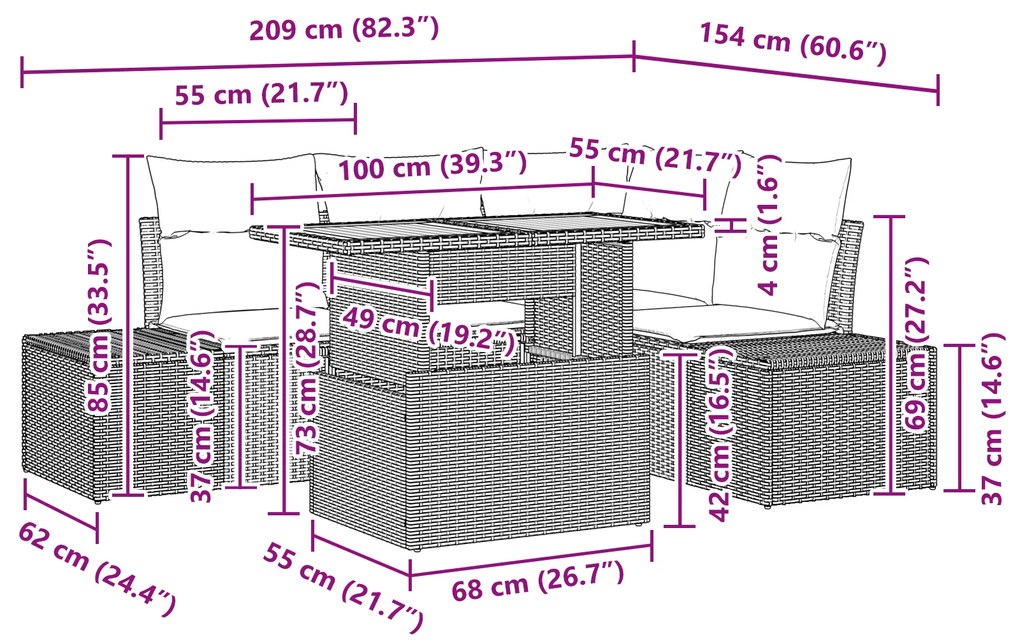 Conjunto de Jantar de Jardim de 5 Peças com Almofadas – Vime Sintético