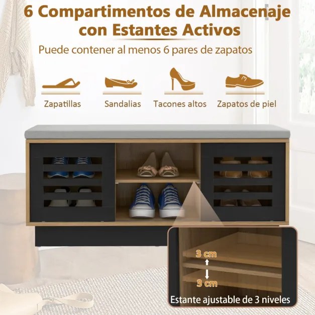 Banco Sapateira com Assento com 6 Compartimentos de Arrumação 3 Prateleiras e 2 Portas para Entrada 99,5 x 34,5 x 46 cm Cinza + Cinza Escuro