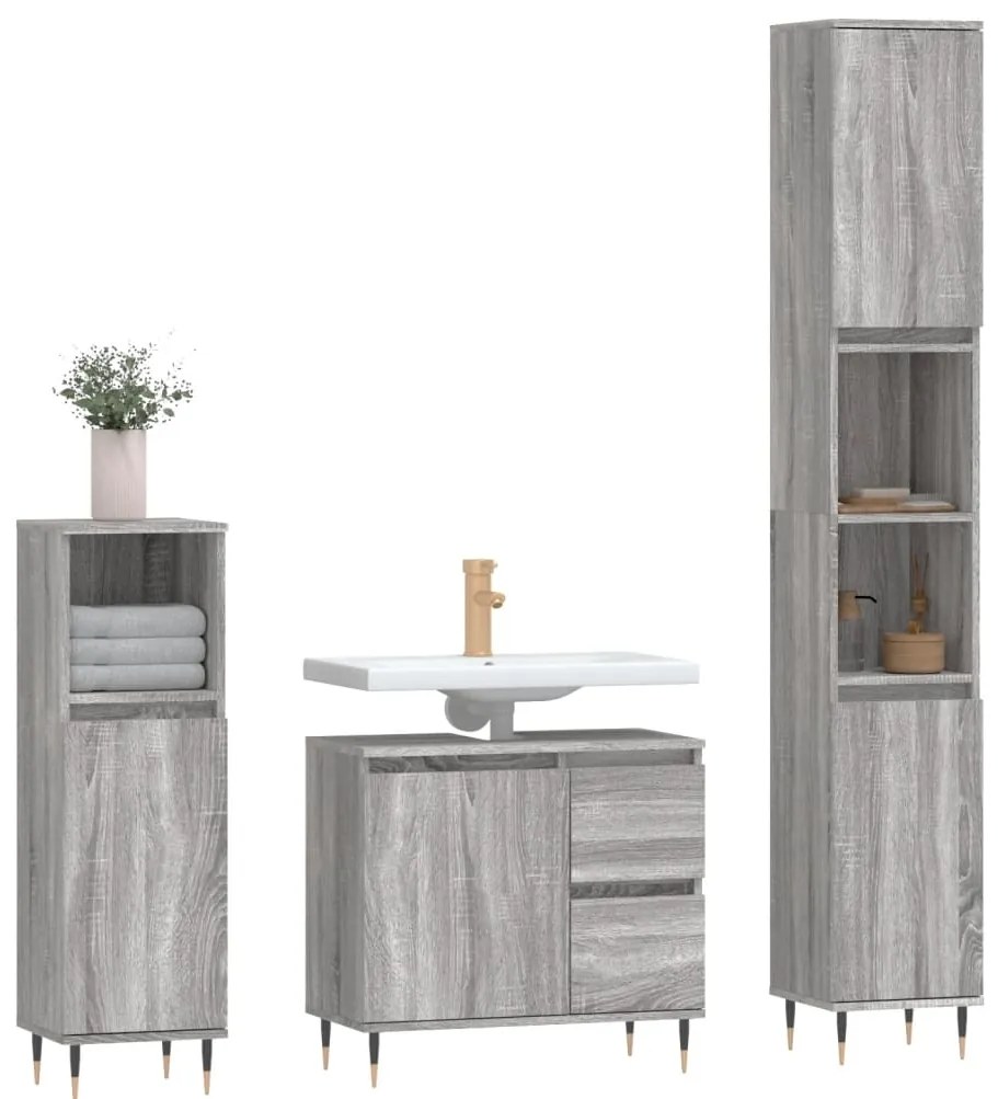 3 pcs Conjunto móveis casa de banho madeira proc. cinza sonoma