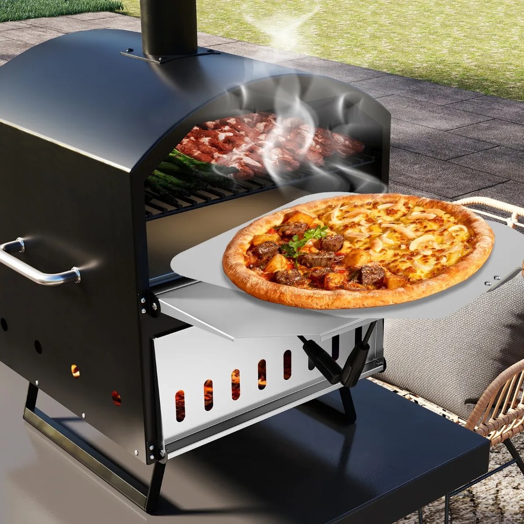 Forno de Pizza Exterior de 2 Camadas Fogão Portátil com Pedra, Pá e Grelhas para Churrasco e Tampa para Acampamento 61 x 53 x 83 cm Preto