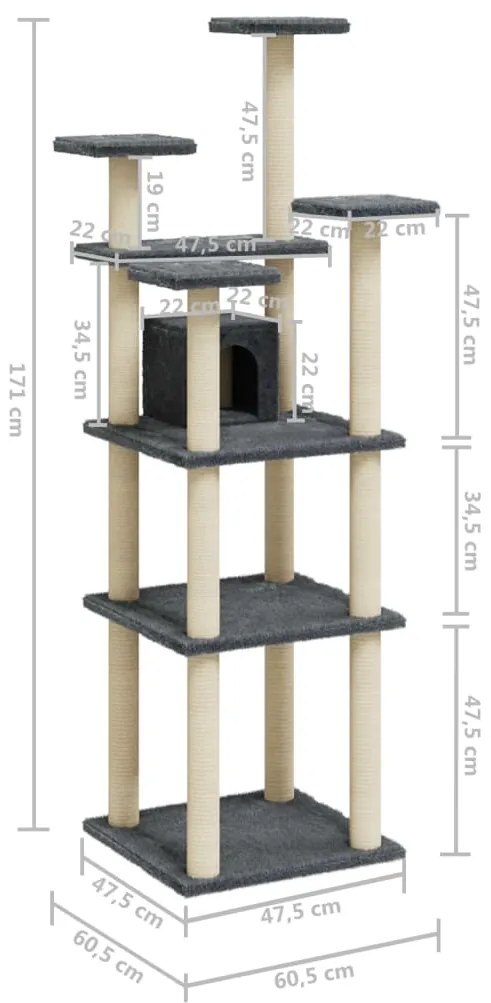 Árvore p/ gatos c/ postes arranhadores sisal 171cm cinza-escuro