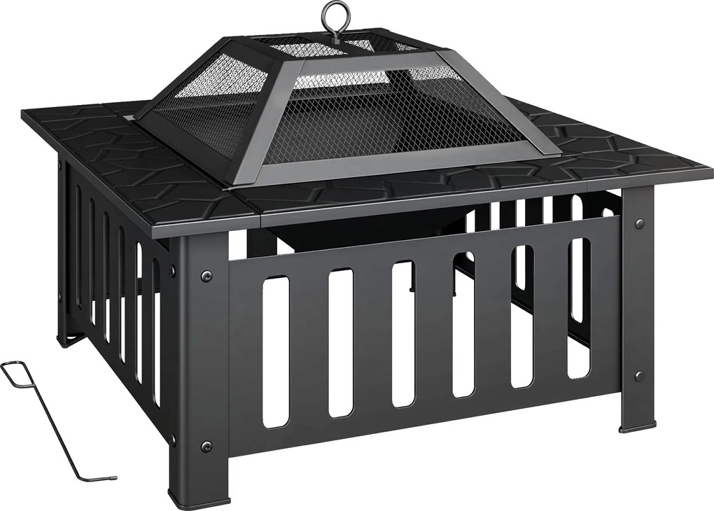 Braseiro Exterior Quadrado em Aço 67x67x47 cm com Atiçador e Tampa de Malha para Festas Preto