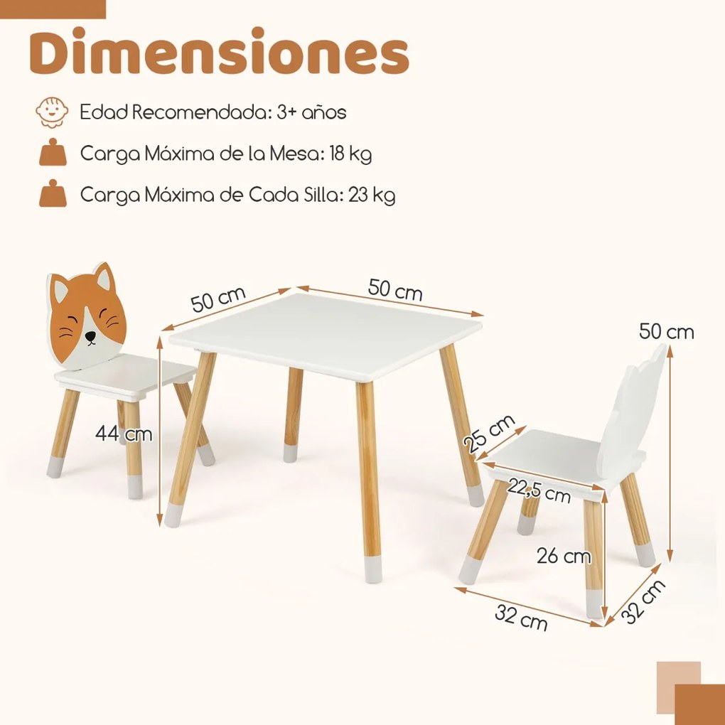 Conjunto de mesa e 2 cadeiras infantis de madeira multiusos para trabalhos manuais, leitura, aprendizagem e refeições Branco + Natural