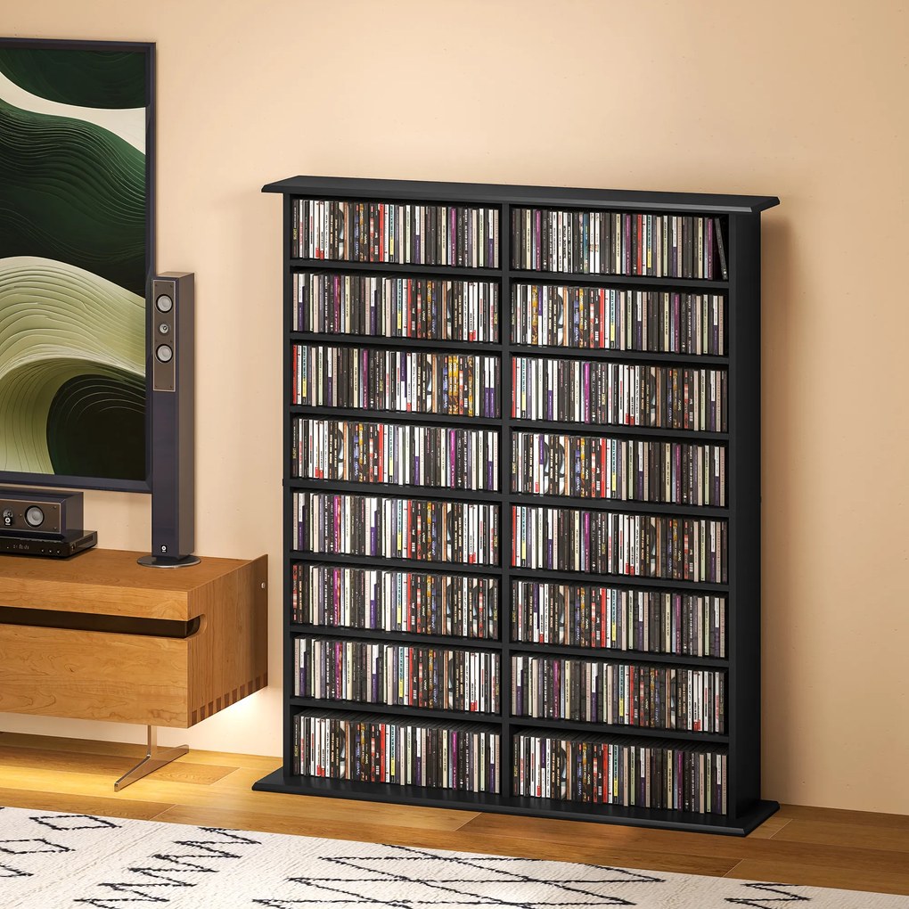 Organizador para CD e DVD com 16 compartimentos e 12 prateleiras ajustáveis, capacidade máxima de 720 CD/396 DVD e Blu-ray, preto