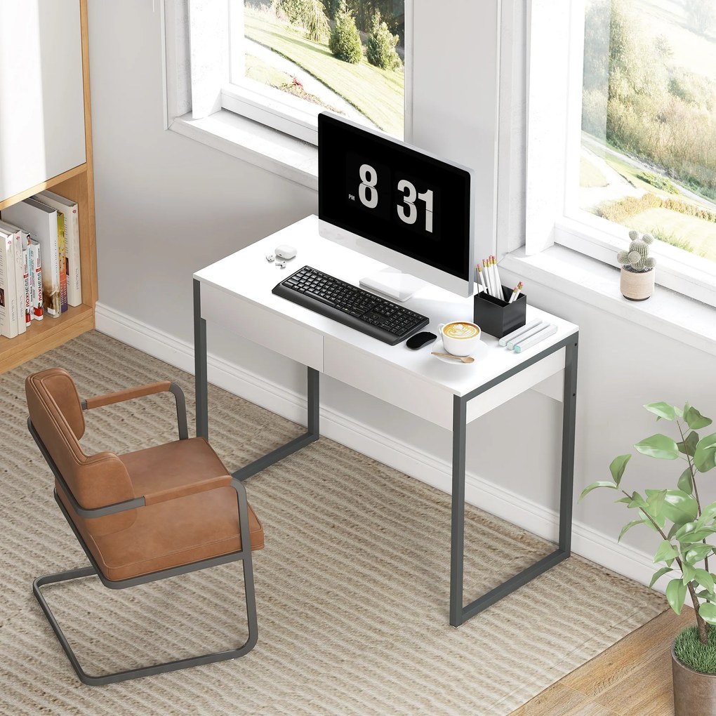 Secretária com 2 Gavetas 100x50 cm Mesa de Computador Pernas de Aço para Casa Escritório Espaços Pequenos Branco Brilhante