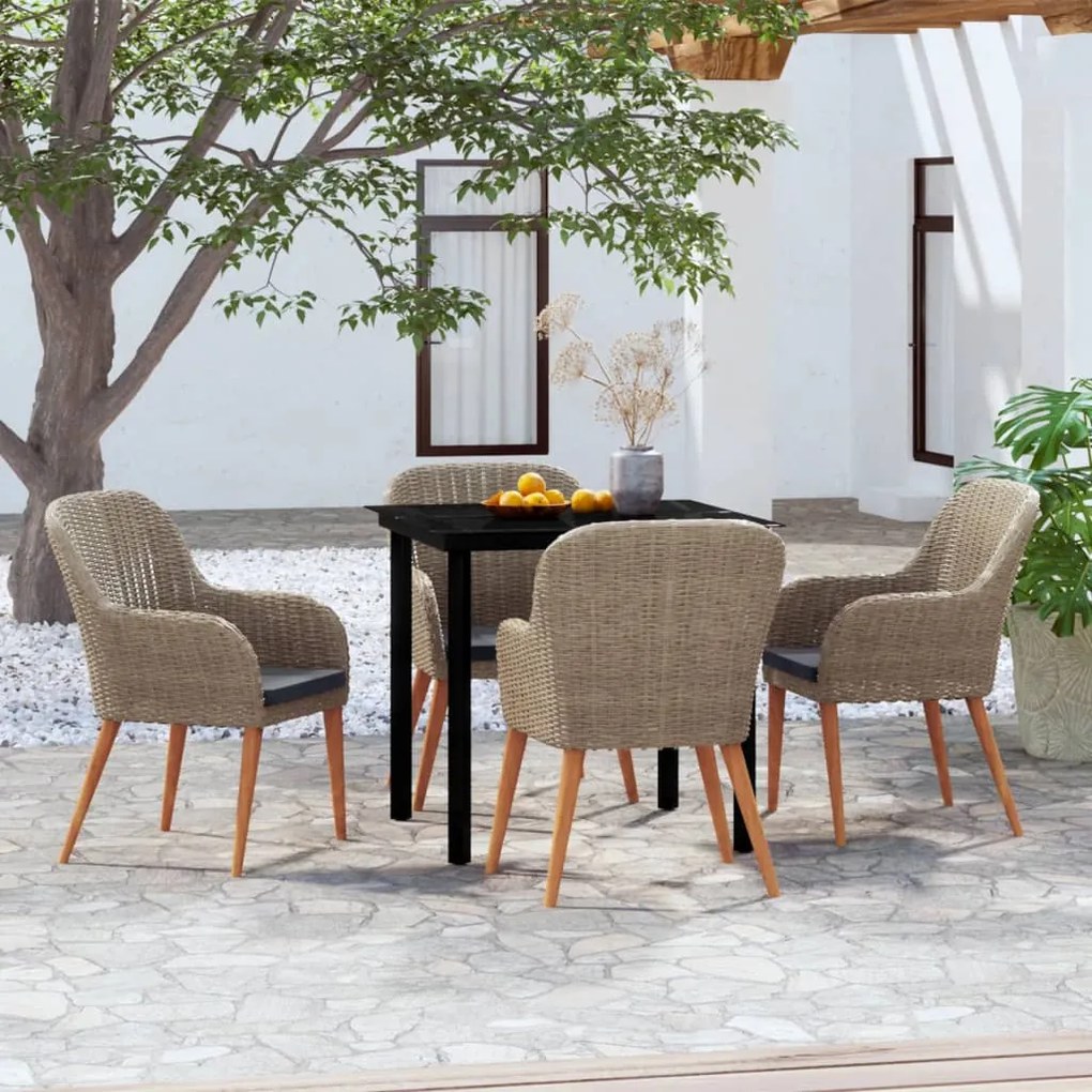 vidaXL 5 pcs conjunto de jantar p/ jardim c/ almofadões castanho